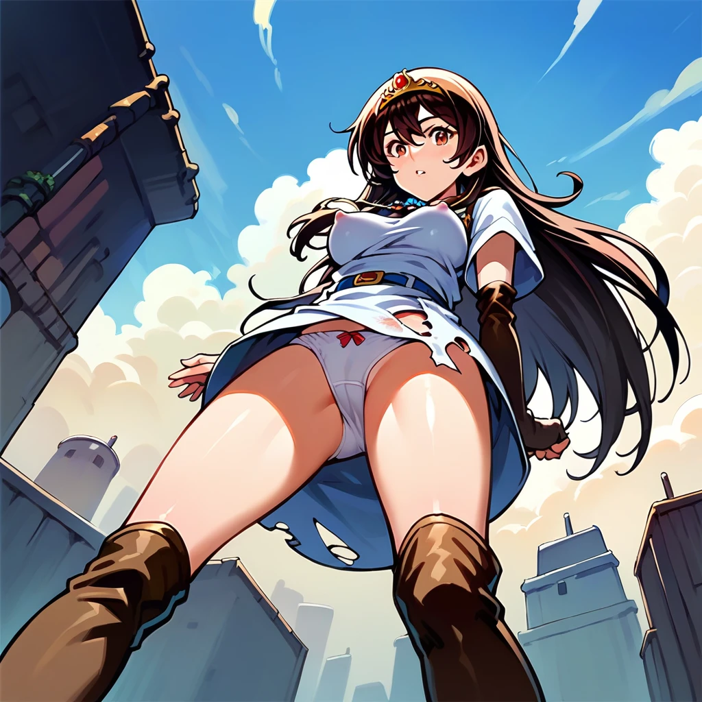 (Kai open thighs),(shoot from below),wind from below,(white panties),Gold Tiara,To,score_9,score_8_superior,score_7_superior,sauce_anime,One girl,alone,looTong at viewer,short dress,Short sleeve,Brown gloves,Elbow hand pockets,Fingerless gloves,belt,Thigh-high boots,Brown knee socks,blue necklace,puffy nipples,(camel ropes),Tower Ceiling,scream,Wide-open legs,がTo股,torn costumes, damage, injuries, blood, bruises,