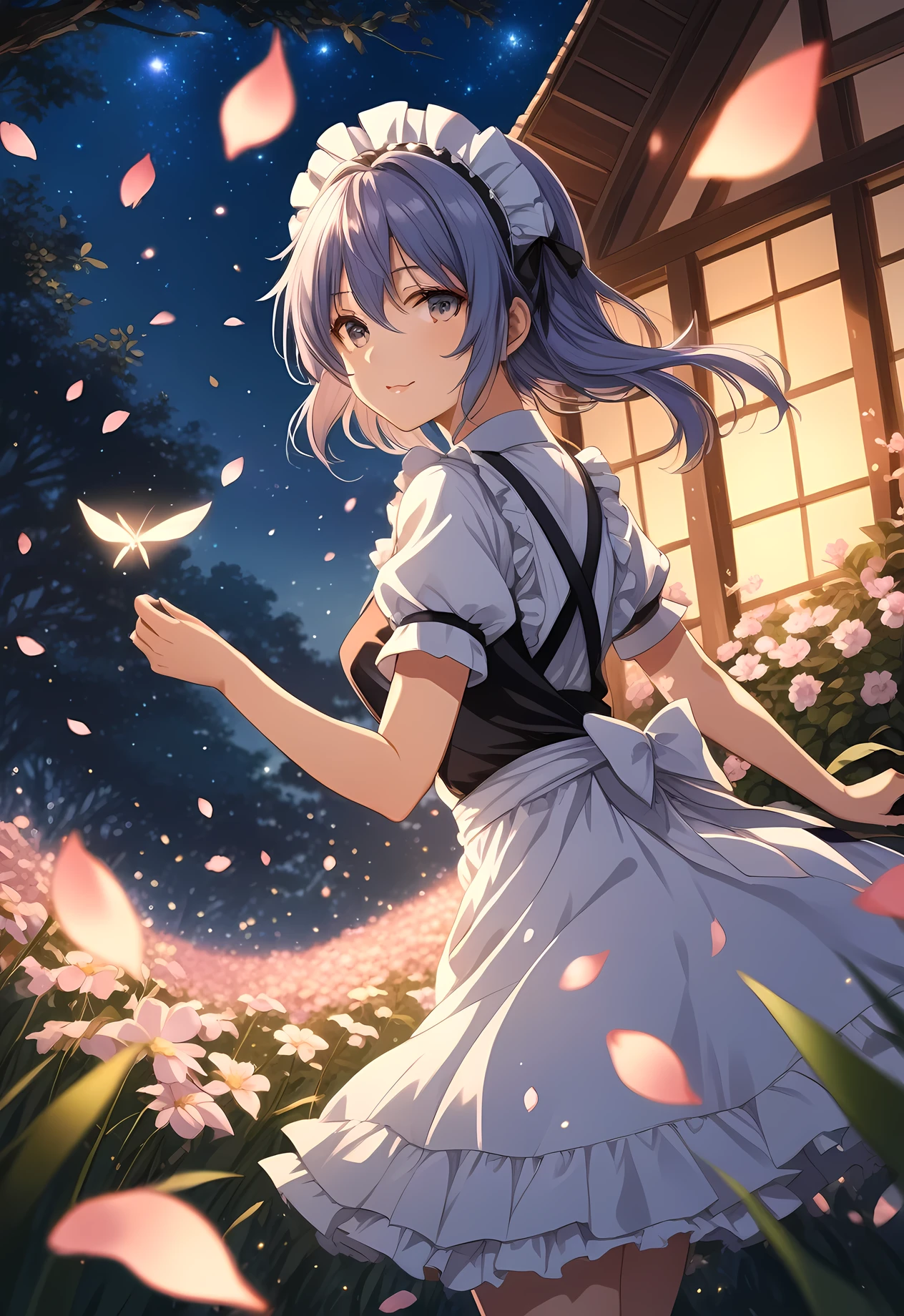 masterpiece, best quality, highres, 4k, 8k, intricate detail, cinematic lighting, amazing quality, amazing shading, soft lighting, Detailed Illustration, anime style, wallpaper,1girl,,izayoi sakuya, touhou,maid headdress, maid, apron, short sleeves, dress,,surrounding by flowers,falling_petals, outdoors, petals,,glowing stardust frontground,fantasy,sparkling,fireflies