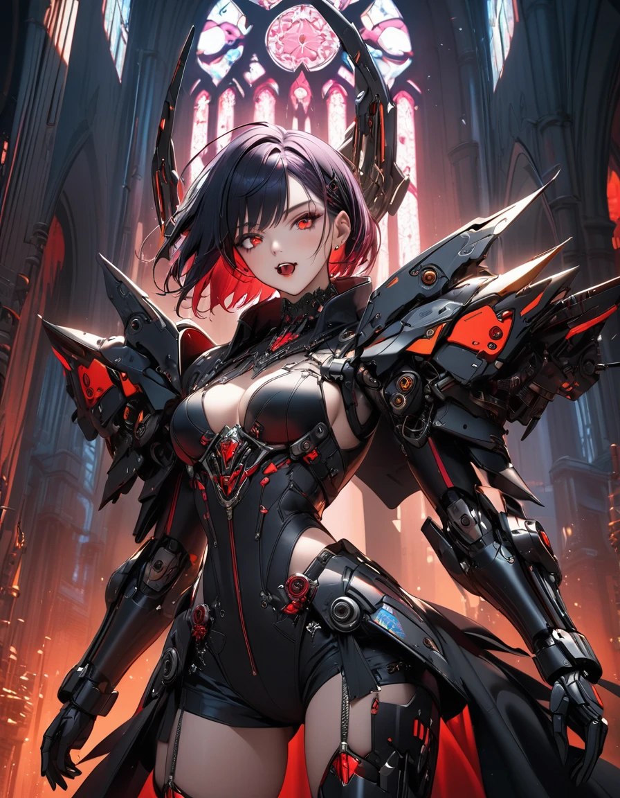 a portrait of mecha female vampire in a dark gothic cyberpunk church, an exotic exquisite beautiful mecha female vampire, dynamic hair color, short hair, dynamic eyes color, intense eyes, (vampire fangs), glowing eyes, dynamic eyes color, wearing intricate mech armor, delicate mech armor, delicate blood veins in the armor, wearing thigh high heeled boots, dark gothic cyberpunk church background, vibrant, Ultra-high resolution, High Contrast, (masterpiece:1.5), highest quality, Best aesthetics), best details, best quality, highres, 16k, (ultra detailed: 1.5), masterpiece, best quality, (extremely detailed) RAW, (ultra details, Masterpiece, best quality), Cinematic Hollywood Film, Intense gaze, cg_darkscifi