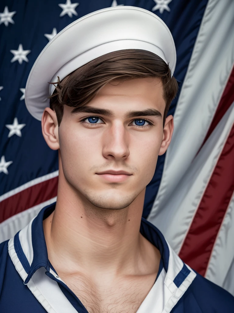 Portrait of a handsome young adult 25 year old sailor man inside an American Navy battleship in the year 1942 during World War II, perfects eyes, sharp focus, 8 k quality