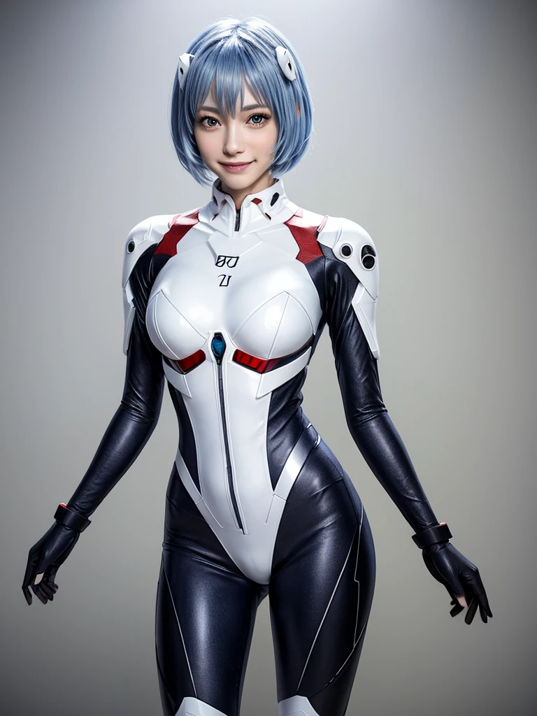 Masterpiece, highest quality, 8K, detailed skin texture, fine cloth texture, beautiful detailed face, intricate details, super detailed, portrait of Rei Ayanami, blue hair, red eyes, looking far away, no background, Evangelion Wearing a plug suit when riding, plug suit, whole body visible, standing, arms crossed, 15 years old, beautiful, cute, great style, smiling,composition that shows the whole body,