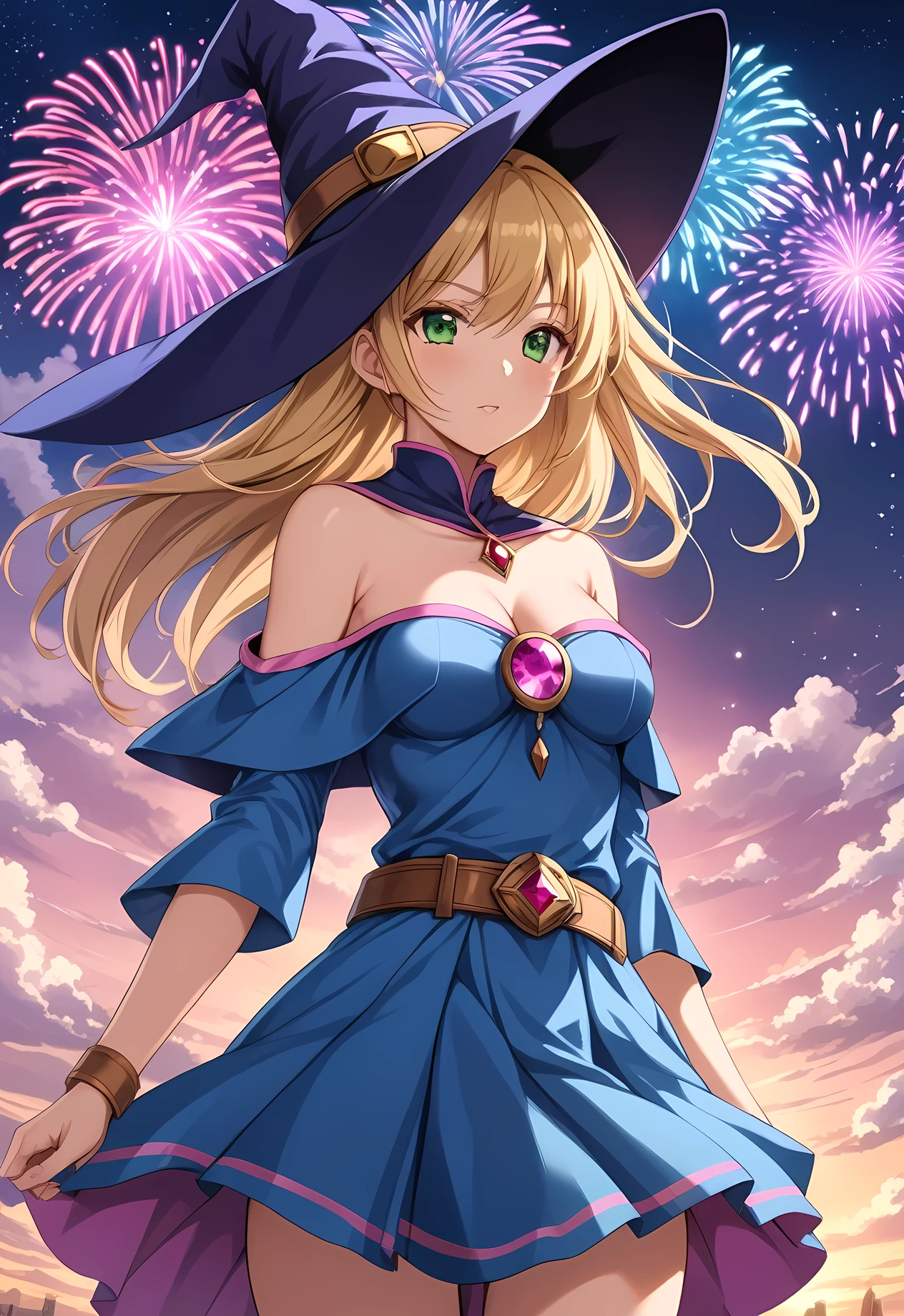 masterpiece, best quality, highres, 4k, 8k, intricate detail, cinematic lighting, amazing quality, amazing shading, soft lighting, Detailed Illustration, anime style, wallpaper,1girl,,dark_magician_girl, yu-gi-oh!, 1girl, bare_shoulders, blonde_hair, green_eyes, large_breasts, long_hair, witch_hat, off_shoulder, blue_dress, capelet, blue_footwear, blue_hat, boots, pink_capelet, pink_skirt, skirt, ,in heaven,gorgeous Fireworks in sky