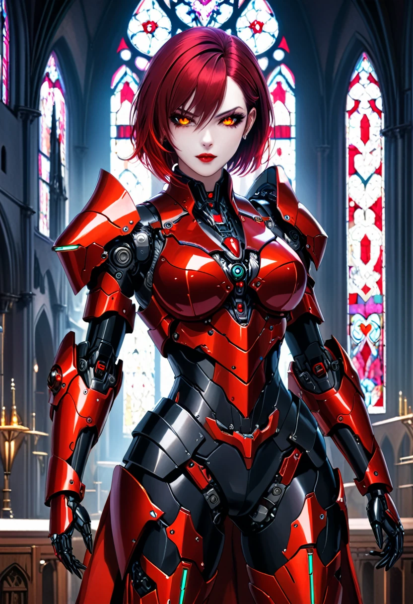 a portrait of mecha female vampire in a dark gothic cyberpunk church, an exotic exquisite beautiful mecha female vampire, dynamic hair color, short hair, dynamic eyes color, intense eyes,  glowing eyes, dynamic eyes color, wearing intricate mech armor, delicate mech armor, delicate blood veins in the armor, wearing thigh high heeled boots, dark gothic cyberpunk church background, vibrant, Ultra-high resolution, High Contrast, (masterpiece:1.5), highest quality, Best aesthetics), best details, best quality, highres, 16k, (ultra detailed: 1.5), masterpiece, best quality, (extremely detailed) RAW, (ultra details, Masterpiece, best quality), 