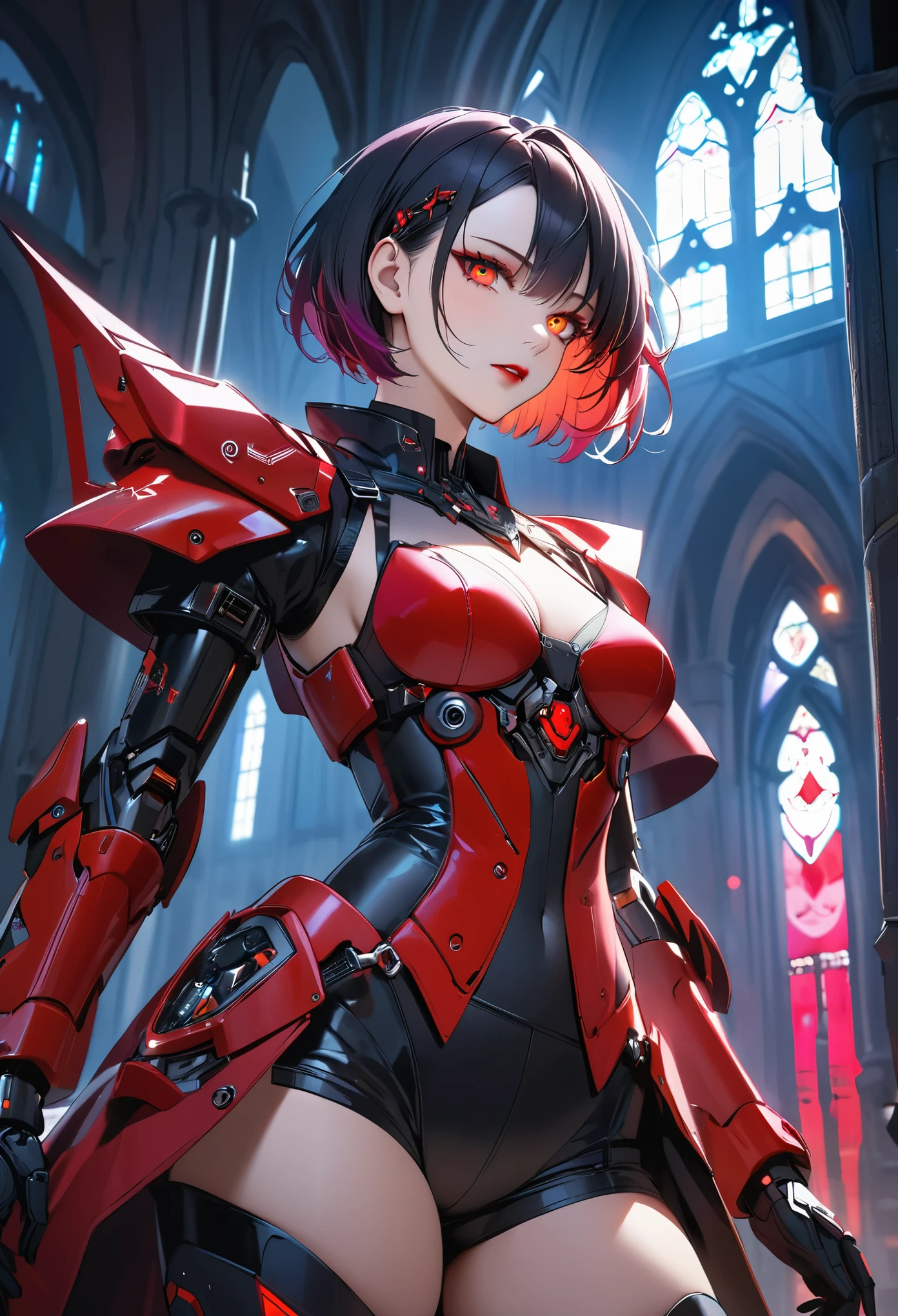 a portrait of mecha female vampire in a dark gothic cyberpunk church, an exotic exquisite beautiful mecha female vampire, dynamic hair color, short hair, dynamic eyes color, intense eyes,  glowing eyes, dynamic eyes color, wearing intricate mech armor, delicate mech armor, delicate blood veins in the armor, wearing thigh high heeled boots, dark gothic cyberpunk church background, vibrant, Ultra-high resolution, High Contrast, (masterpiece:1.5), highest quality, Best aesthetics), best details, best quality, highres, 16k, (ultra detailed: 1.5), masterpiece, best quality, (extremely detailed) RAW, (ultra details, Masterpiece, best quality), 