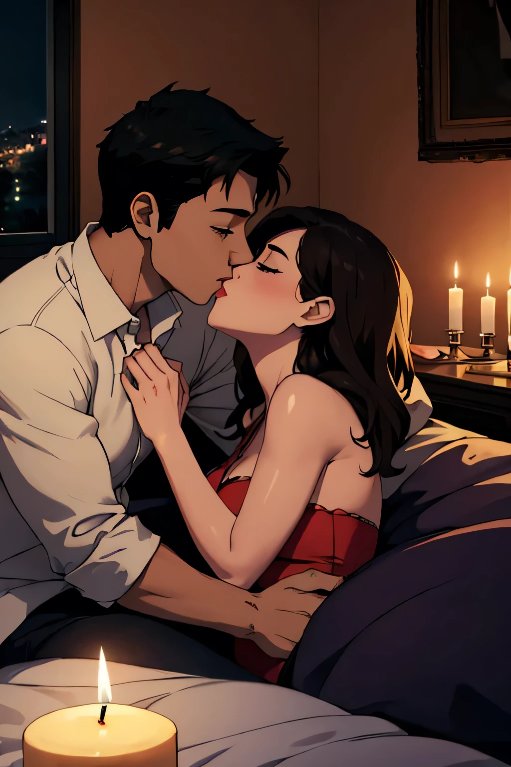 Boy and woman, beautiful woman, kissing each other with passion, in a bedroom, bright room, candles lit, night time,