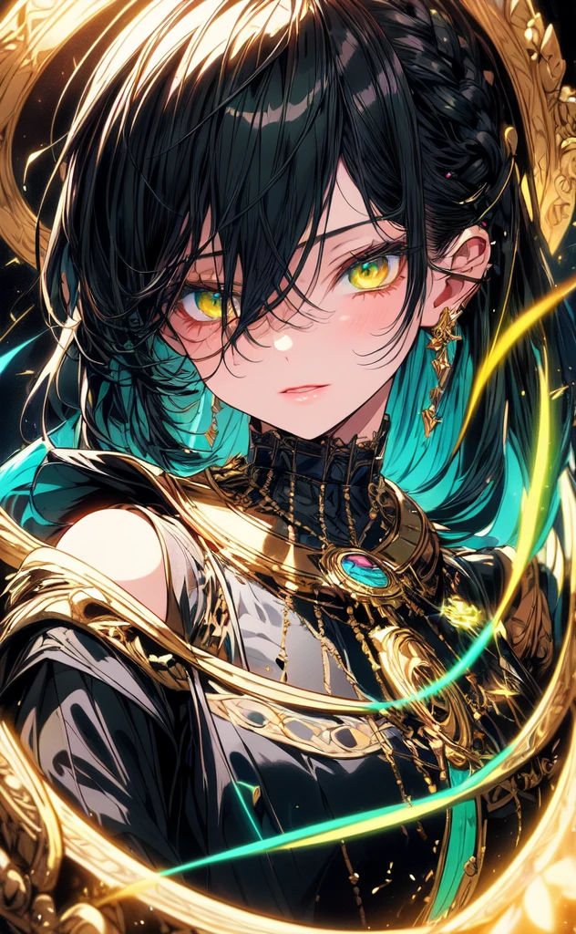 {{ masterpiece }}, Better quality, 8k extremely detailed CG wallpaper unit, cinematography lighting,  flash of lens , hermosos ojos de detalle, negro, side look,  multicolored hair, colored light, particles, heterochromia, (colorful: 1.5), (cabello colorful: 1.5), annoyed,