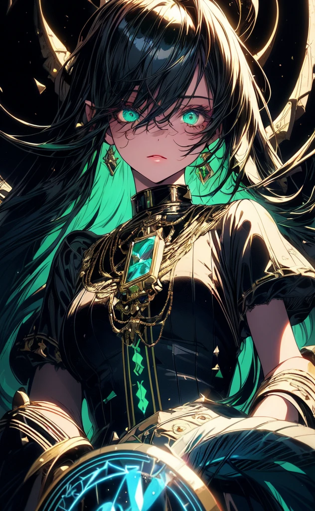 (masterpiece, best quality, ultra-detailed, best shadow), (detailed background,dark fantasy), (handsome detailed face), high contrast, (best illumination, an extremely delicate and beautiful), ((cinematic light)), colorful, hyper detail, dramatic light, intricate details, (1girl, solo, black with green hair, sharp face, green eyes, hair between eyes,dynamic angle), blood splatter, swirling black light around the character, depth of field,black light particles,(broken glass),magic circle, beautiful colourful dress