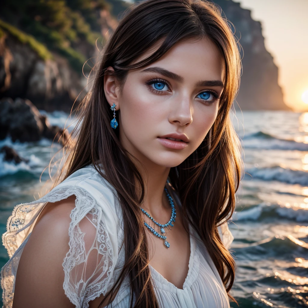 (1 girl),Brown hair, organza lace, Bold touches, sparkling texture, dynamic composition, atmospheric perspective, (masterpiece), (Best quality), amazing, (beautiful detailed eyes), (Small parts),  (bright colors), cinematic lighting,  (colorful), blush, ultra-realistic, (beautiful face Slavic roots 1.1), High cheekbones, Plump lips, 3 bust size, (blue eyes 1.0), sharp facial features, (jewelry in hair),White dress,(sea shore), (sunset)