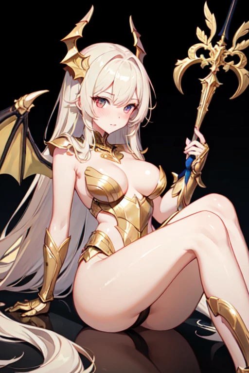 ((best qualityer)), ((work of art)), (detailded), 1 girl, Dragon woman, long golden hair, golden armour, golden dragon knight, golden wings, pinky skin, Eyes red, legs thick, blush cheeks, golden giant sword