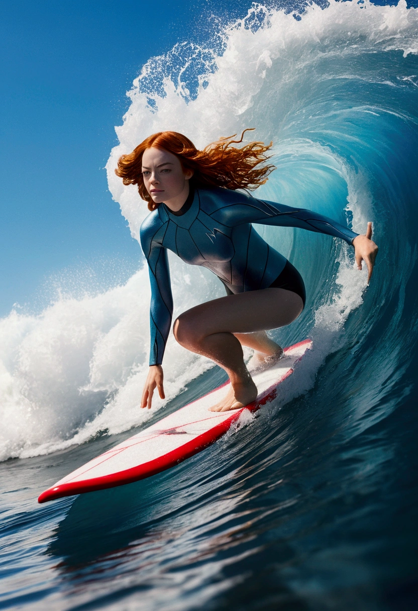 Cinematic photo of Emma Stone as Katara, showcasing her as a water surfer with an extraordinary twist. She’s dressed in a sleek blue bikini that complements her flowing red hair and highlights her athletic physique. Her blue eyes sparkle with determination and excitement as she rides a massive, cresting wave.In this dramatic scene, Katara uses her hydrokinetic powers to create an ice board, which she gracefully surfs upon. The board is a stunning piece of craftsmanship, shimmering with intricate patterns and a translucent, icy glow. It contrasts beautifully with the deep blue of the ocean and the frothy white of the wave.The massive wave behind her towers high, catching the sunlight and spraying droplets of water into the air, creating a dynamic and powerful backdrop. The sunlight reflects off both the wave and the ice board, casting a dazzling array of colors and adding to the dramatic effect.Emma Stone's pose is confident and dynamic, her body leaning into the curve of the wave with a sense of mastery and exhilaration. Her hair flows freely, adding to the sense of motion and freedom. Her expression is one of pure joy and focus, capturing the thrill of surfing and the mastery of her water powers.The photograph is taken with a Nikon D850 using an f1.6 camera lens, capturing every detail with stunning clarity and rich, realistic textures. The analog style and bokeh effect enhance the depth and realism of the image, creating a cinematic and highly evocative portrait of Emma Stone as Katara, effortlessly blending her water abilities with the exhilarating sport of surfing. --auto--s2, Stock photography, Kodak Portra 400 film, hyperrealistic, realistic texture, dramatic lighting, Cinemastill 800
