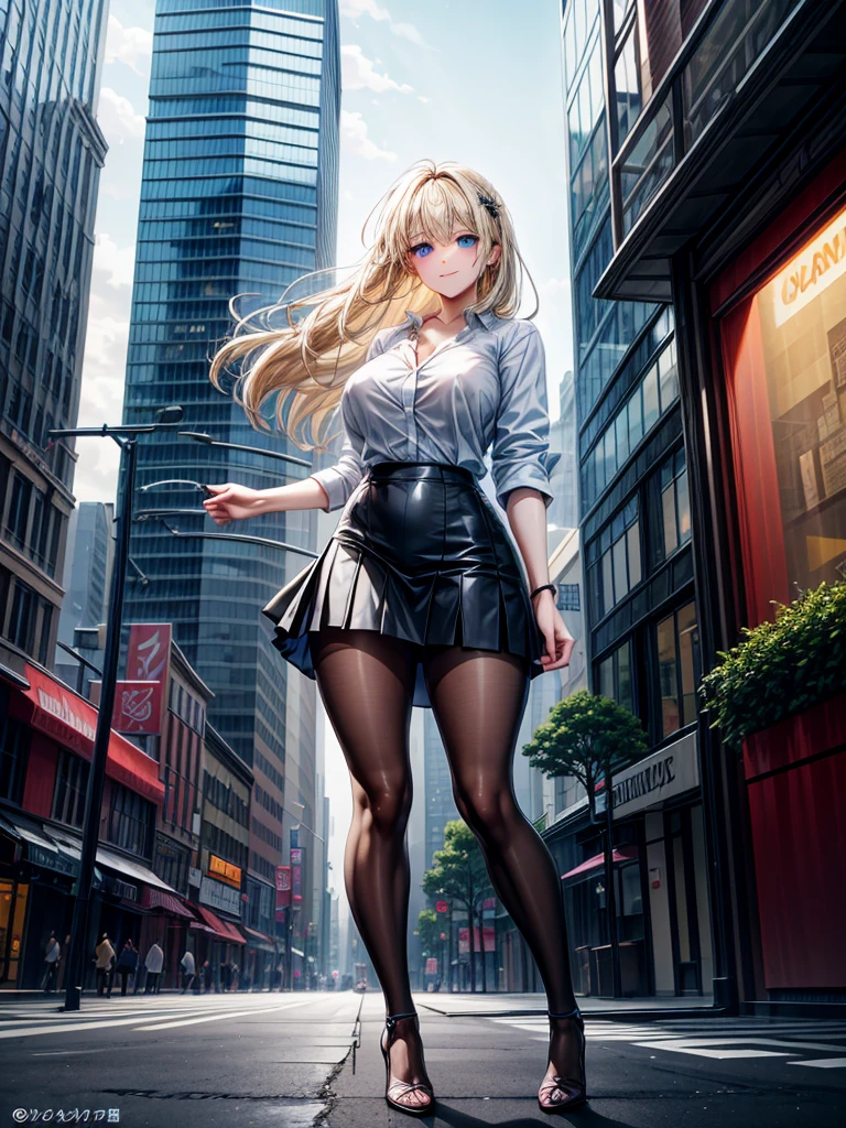 ((High resolution)), ((Lighting and color)), ((masterpiece)), ((Blue eyes)), Young woman with blue eyes., Straight blonde hair, The wind blew it away and it got a little messy., Standing lightly on a bustling city street. She wears a loose-fitting white business shirt that accentuates her natural elegance.。.., Pair with a black tight skirt for a business look。.. She is in a delicate pose, A cute, loving smile, tilt your body slightly. Modern skyscrapers are mixed in the background.., Quaint café, Bustling pedestrians. The soft sunlight gently illuminates your face.., In the hustle and bustle of the city、Give off a warm glow、Emphasize your presence。."