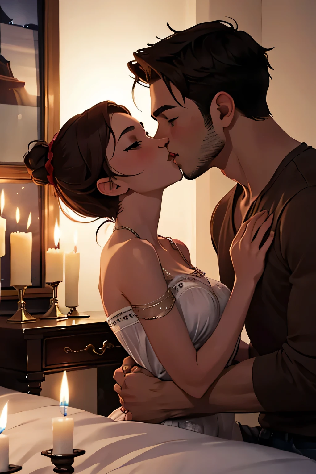 The man in his 45s with black very short hair and smooth face with moustache. The woman in her 45s with brown wavy long hair. The man is wearing a white shirt with the buttons open. The woman is wearing a yellow dress. In the outside garden. Night, dark, dim. The woman is sitting at the iron table. Missionary sex. They are screaming. Orgasm. Passion. Erotic. Realistic. Ulrta realistic.