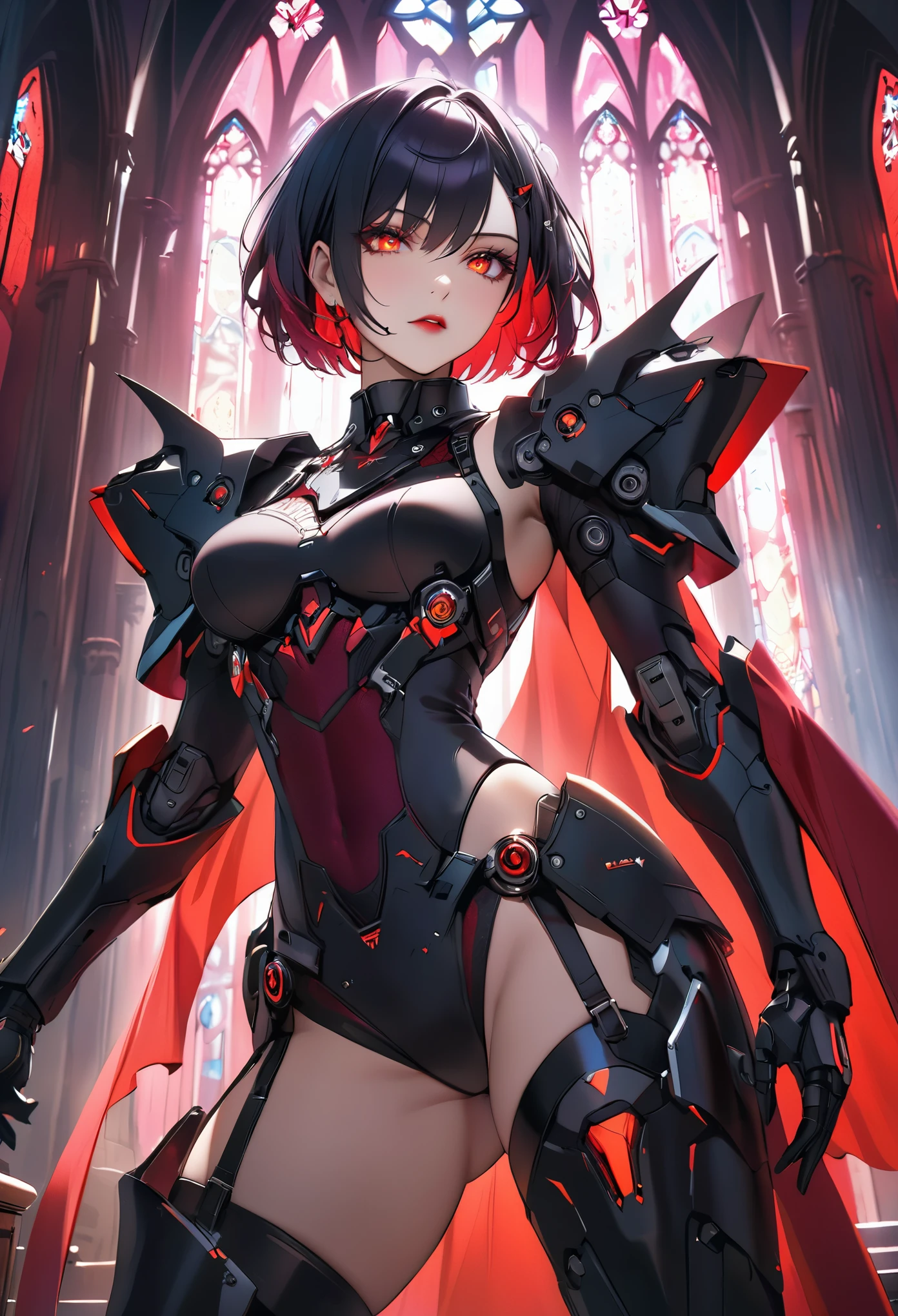 a portrait of mecha female vampire in a dark gothic cyberpunk church, an exotic exquisite beautiful mecha female vampire, dynamic hair color, short hair, dynamic eyes color, intense eyes,  glowing eyes, dynamic eyes color, wearing intricate mech armor, delicate mech armor, delicate blood veins in the armor, wearing thigh high heeled boots, dark gothic cyberpunk church background, vibrant, Ultra-high resolution, High Contrast, (masterpiece:1.5), highest quality, Best aesthetics), best details, best quality, highres, 16k, (ultra detailed: 1.5), masterpiece, best quality, (extremely detailed) RAW, (ultra details, Masterpiece, best quality), 