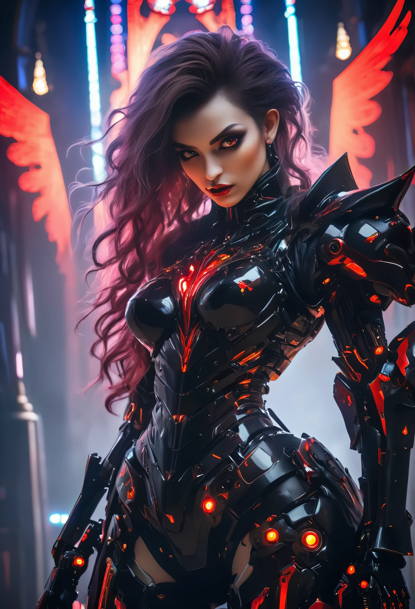 a portrait of mecha female vampire in a dark gothic cyberpunk church, an exotic exquisite beautiful mecha female vampire, dynamic hair color, short hair, dynamic eyes color, intense eyes, glowing eyes, dynamic eyes color, wearing intricate mech armor, delicate mech armor, delicate blood veins in the armor, wearing thigh high heeled boots, dark gothic cyberpunk church background, vibrant, Ultra-high resolution, High Contrast, (masterpiece:1.5), highest quality, Best aesthetics), best details, best quality, highres, 16k, (ultra detailed: 1.5), masterpiece, best quality, (extremely detailed) RAW, (ultra details, Masterpiece, best quality), Dark Art Painting Style