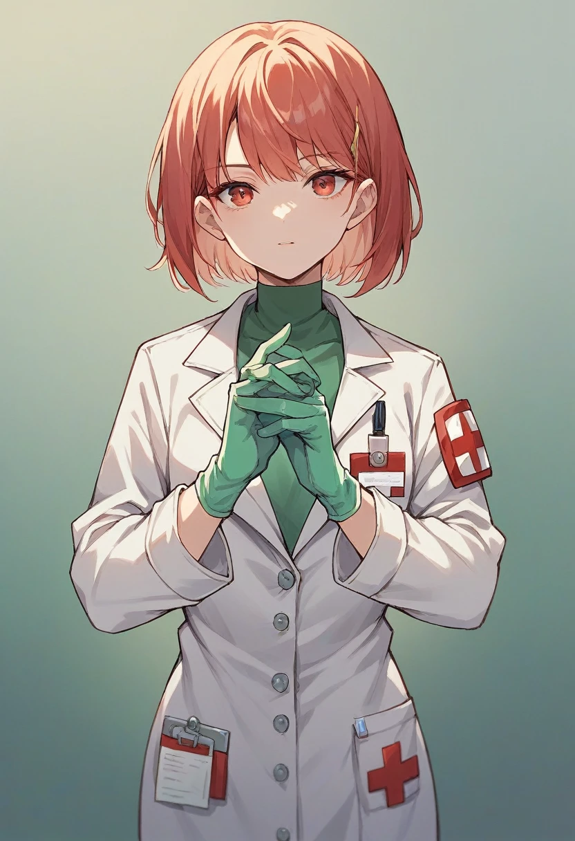 1girl, bangs, ((green medical gloves)), ((((long sleeves)))), looking at viewer, ((red doctor outfit)), standing, solo