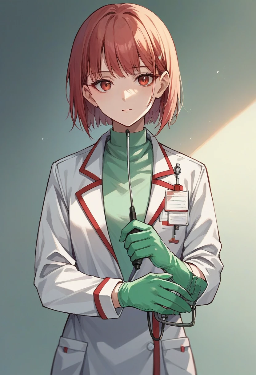 1girl, bangs, ((green medical gloves)), ((((long sleeves)))), looking at viewer, ((red doctor outfit)), standing, solo