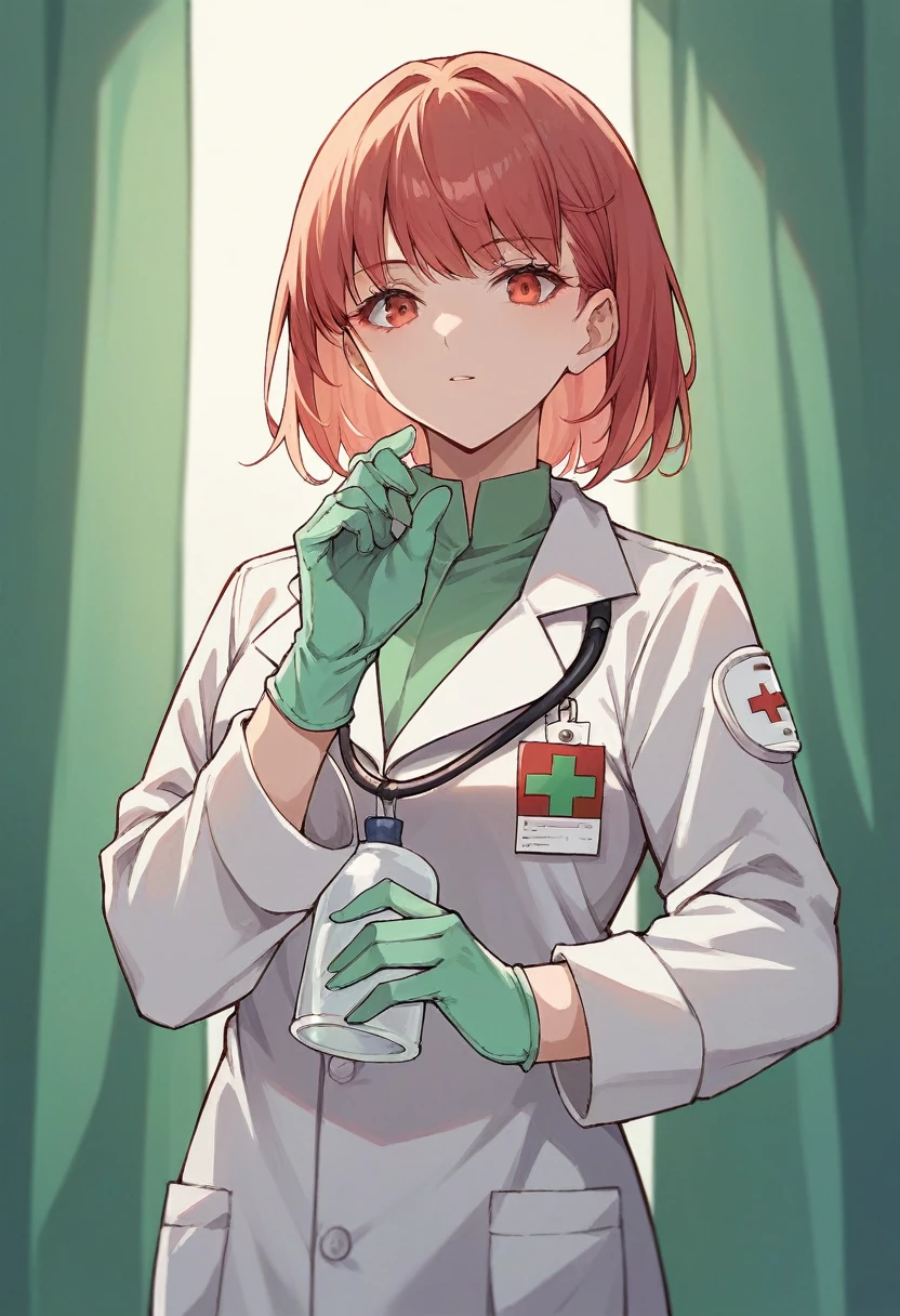 1girl, bangs, ((green medical gloves)), ((((long sleeves)))), looking at viewer, ((red doctor outfit)), standing, solo