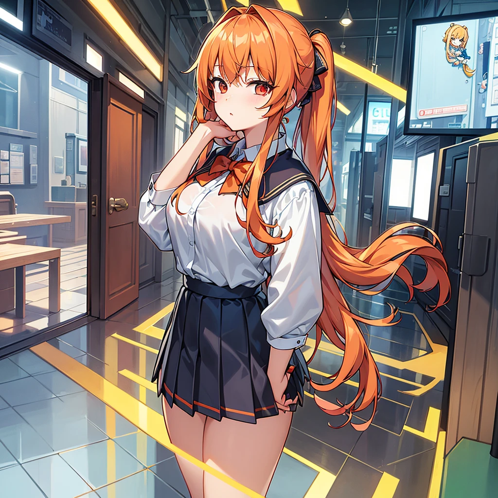 Highest quality,A perfect masterpiece,Perfect artwork,Official Works,8k,, Fashion Trends,High resolution,Detailed Expression,Octane Rendering,Ray Tracing,Intricate details,Animation lighting,One person、Single、Anime girl、Female student、orange long hair、Twin tails、Beautiful breasts、School uniforms that emphasize the chest、Pleated mini skirt、Fashion coordinated