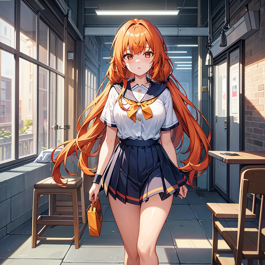Highest quality,A perfect masterpiece,Perfect artwork,Official Works,8k,, Fashion Trends,High resolution,Detailed Expression,Octane Rendering,Ray Tracing,Intricate details,Animation lighting,One person、Single、Anime girl、Female student、orange long hair、Twin tails、Beautiful breasts、School uniforms that emphasize the chest、Pleated mini skirt、Fashion coordinated