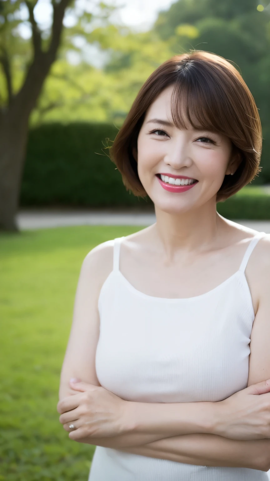 Standing in the park, Wrinkles around the eyes, Smiling with teeth showing, Plain short-sleeved clothing, senior citizen, Draw lips correctly, Red lipstick, No discomfort, 16K, Highest quality, Very detailed, Realistic, Very detailed肌, (Japanese), (alone), 60 years old, Large Breasts, , Glamour, sexy, Chromo White Skin, Staring straight ahead,