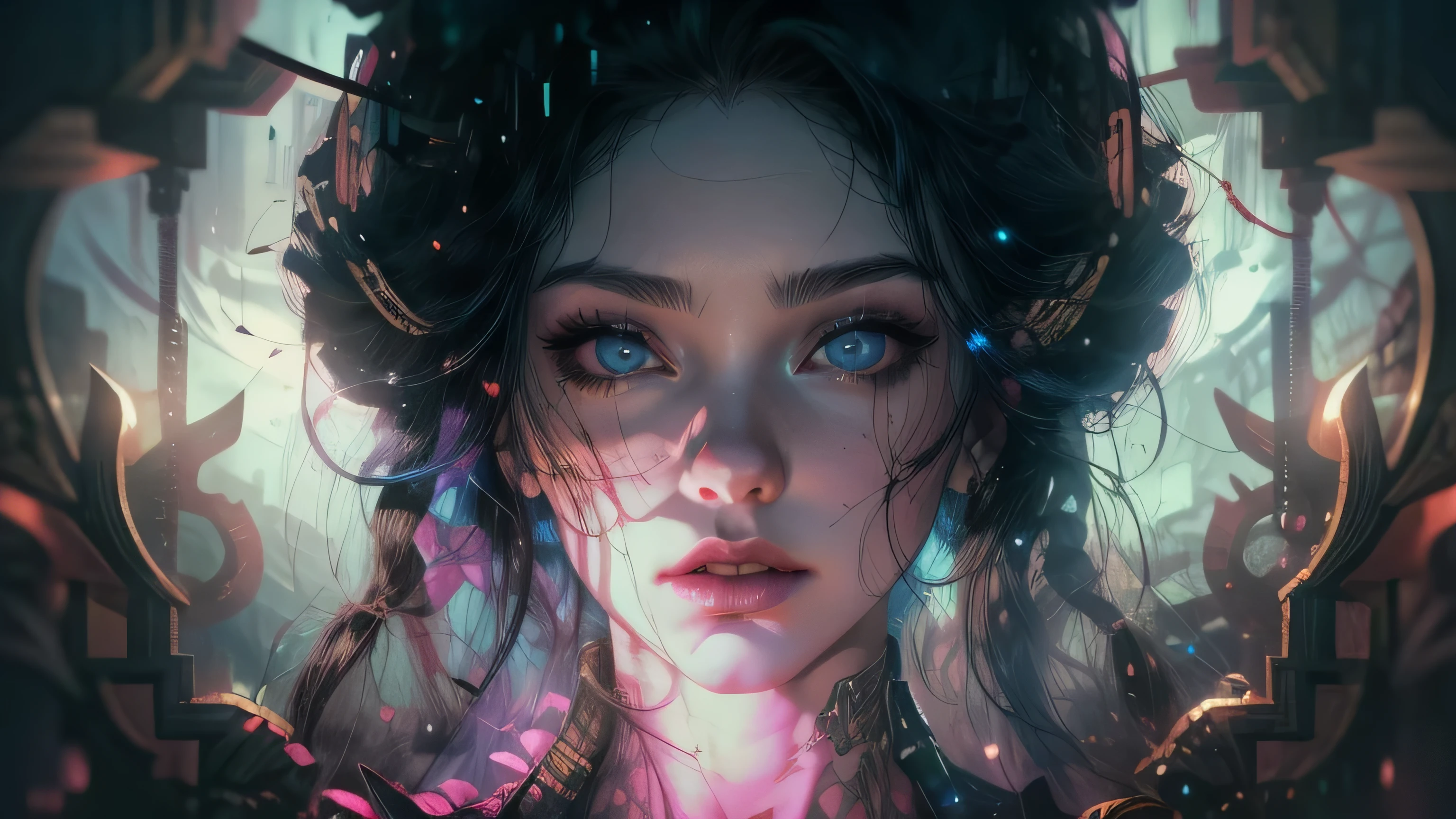(Cinematic Frame: Realistic, Fine Drawing, Lots of Details) (((ultra realistic))) Photo, masterpiece, top quality, (pale skin), (Ultra detailed face and eyes), 1 girl, Adult, In this cinematic frame, we are presented with a 200-year-old witch with long black hair and a single white lock, magic in her hands shining, evil dark fantasy portal in the background, dramatic lighting, dramatic pose, detailed facial features, intricate details, dark moody atmosphere, cinematic, dramatic shadows, glowing magical energy, mysterious, powerful, (best quality,4k,8k,highres,masterpiece:1.2),ultra-detailed,(realistic,photorealistic,photo-realistic:1.37),dramatic lighting, dark colors, dark fantasy, horror, cinematic composition, ROMANCE,FANTASIA,COMICS,MANGÁ,MANHUA,MANWHA,DRAMA,AÇÃO,FICÇÃO CIENTIFICA,BELLE,MODELO,SFW, pastelvectorai