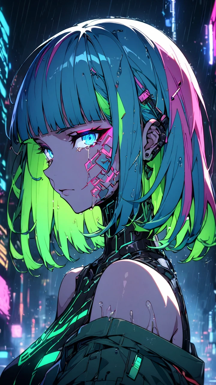 1girl, solo, blunt bangs, medium hair, blue hair, green hair, pink hair, multicolored hair, blue eyes, eyeliner, eyeshadow, makeup, bare shoulders, wet, portrait, profile, half-closed eyes, tears, glowneon, glowing, sparks, lightning, cyberpunk, hlpr, futuristic, hologram, glitch, error message, holographic face, ui, interface, nodes, particles, neon trim, surreal, night, city, city lights, neon lights, depth of field, rain, masterpiece, best quality, very aesthetic, absurdres, straight-on, looking at viewer 