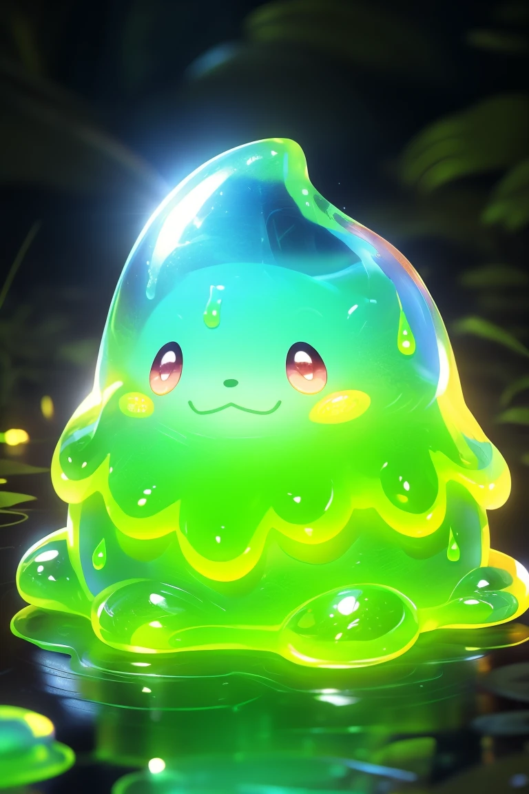 (Highest quality、masterpiece、8k))、Very detailed、High resolution、((Beautiful and shining eyes))、((Lots of different colored slimes))、Japanese Slime、Round Slime、Five very cute slimes、1 blue slime、1 red slime、1 yellow slime、1 green slime、One black slime