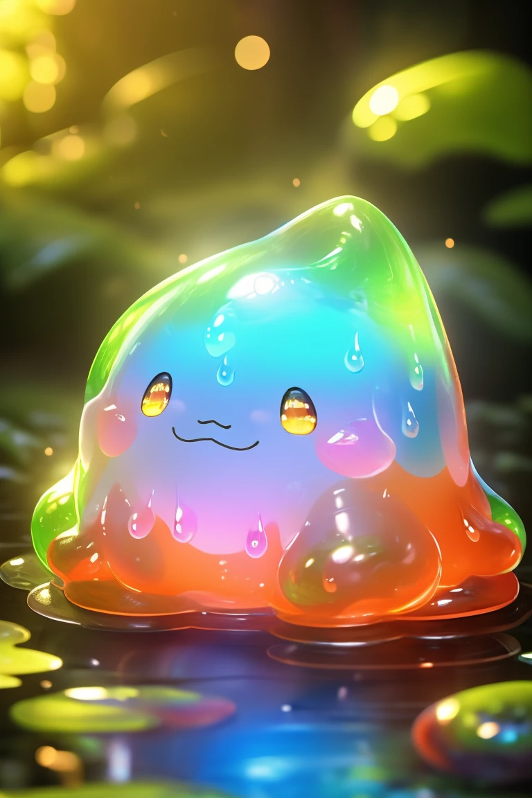 (Highest quality、masterpiece、8k))、Very detailed、High resolution、((Beautiful and shining eyes))、((Lots of different colored slimes))、Japanese Slime、Round Slime、Five very cute slimes、1 blue slime、1 red slime、1 yellow slime、1 green slime、One black slime