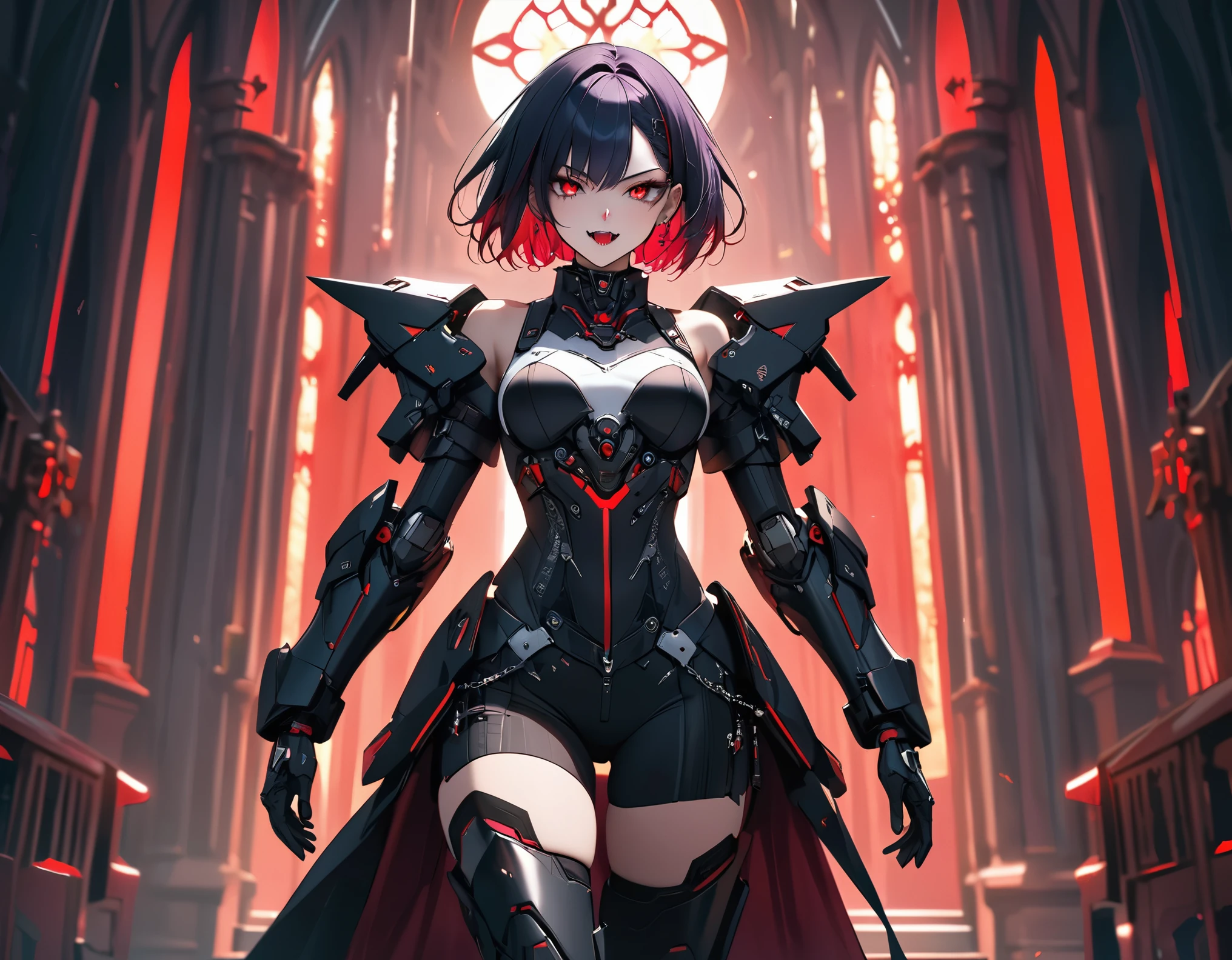 a portrait of mecha female vampire in a dark gothic cyberpunk church, an exotic exquisite beautiful mecha female vampire, dynamic hair color, short hair, dynamic eyes color, intense eyes,  glowing eyes, dynamic eyes color, wearing intricate mech armor, delicate mech armor, delicate blood veins in the armor, wearing thigh high heeled boots, dark gothic cyberpunk church background, vibrant, Ultra-high resolution, High Contrast, (masterpiece:1.5), highest quality, Best aesthetics), best details, best quality, highres, 16k, (ultra detailed: 1.5), masterpiece, best quality, (extremely detailed) RAW, (ultra details, Masterpiece, best quality), Dark Art Painting Style