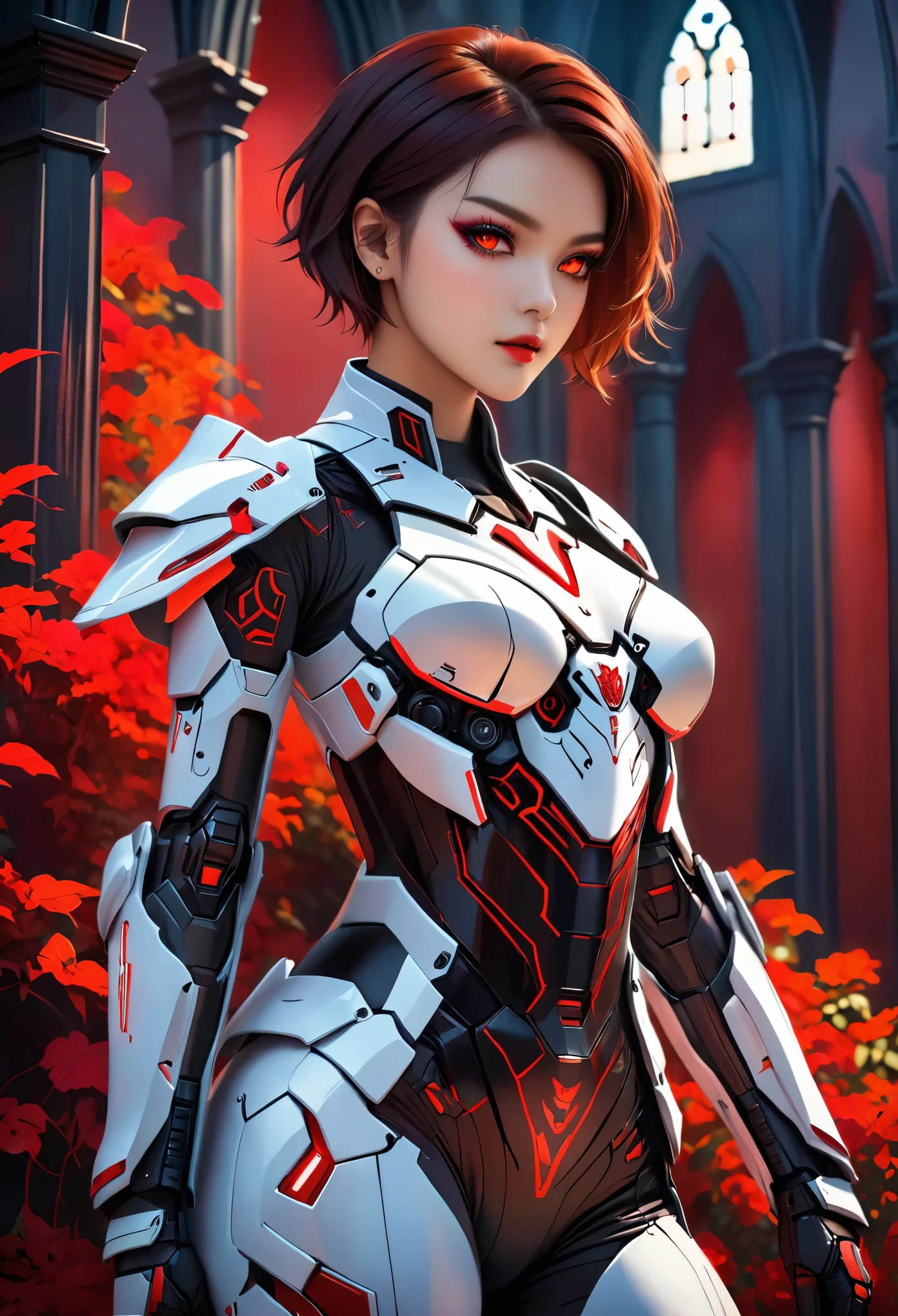 a portrait of mecha female vampire in a dark gothic cyberpunk church, an exotic exquisite beautiful mecha female vampire, dynamic hair color, short hair, dynamic eyes color, intense eyes, glowing eyes, dynamic eyes color, wearing intricate mech armor, delicate mech armor, delicate blood veins in the armor, wearing thigh high heeled boots, dark gothic cyberpunk church background, vibrant, Ultra-high resolution, High Contrast, (masterpiece:1.5), highest quality, Best aesthetics), best details, best quality, highres, 16k, (ultra detailed: 1.5), masterpiece, best quality, (extremely detailed) RAW, (ultra details, Masterpiece, best quality), Dark Art Painting Style