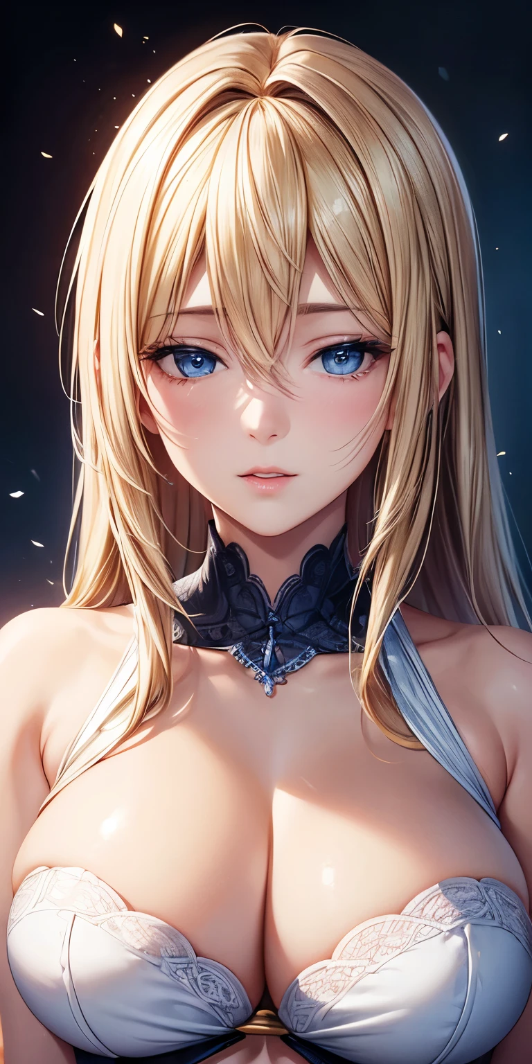 portrait, realistic, blue eyes, blonde hair, big breast, 4k resolution, high quality cg, beautiful cg, soft light,