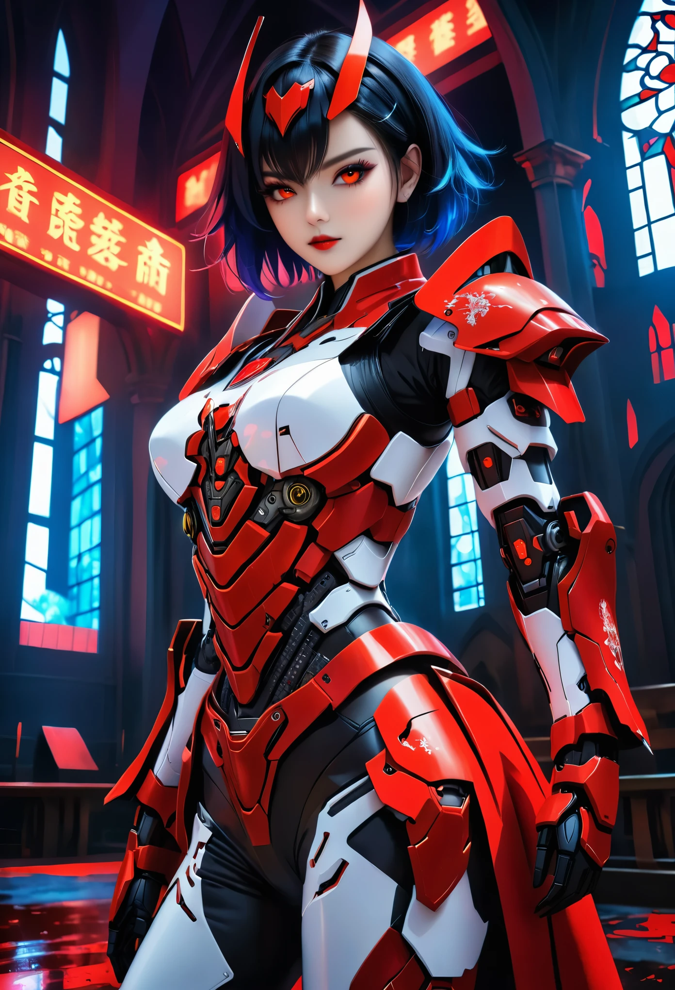 a portrait of mecha female vampire in a dark gothic cyberpunk church, an exotic exquisite beautiful mecha female vampire, dynamic hair color, short hair, dynamic eyes color, intense eyes,  glowing eyes, dynamic eyes color, wearing intricate mech armor, delicate mech armor, delicate blood veins in the armor, wearing thigh high heeled boots, dark gothic cyberpunk church background, vibrant, Ultra-high resolution, High Contrast, (masterpiece:1.5), highest quality, Best aesthetics), best details, best quality, highres, 16k, (ultra detailed: 1.5), masterpiece, best quality, (extremely detailed) RAW, (ultra details, Masterpiece, best quality), Dark Art Painting Style