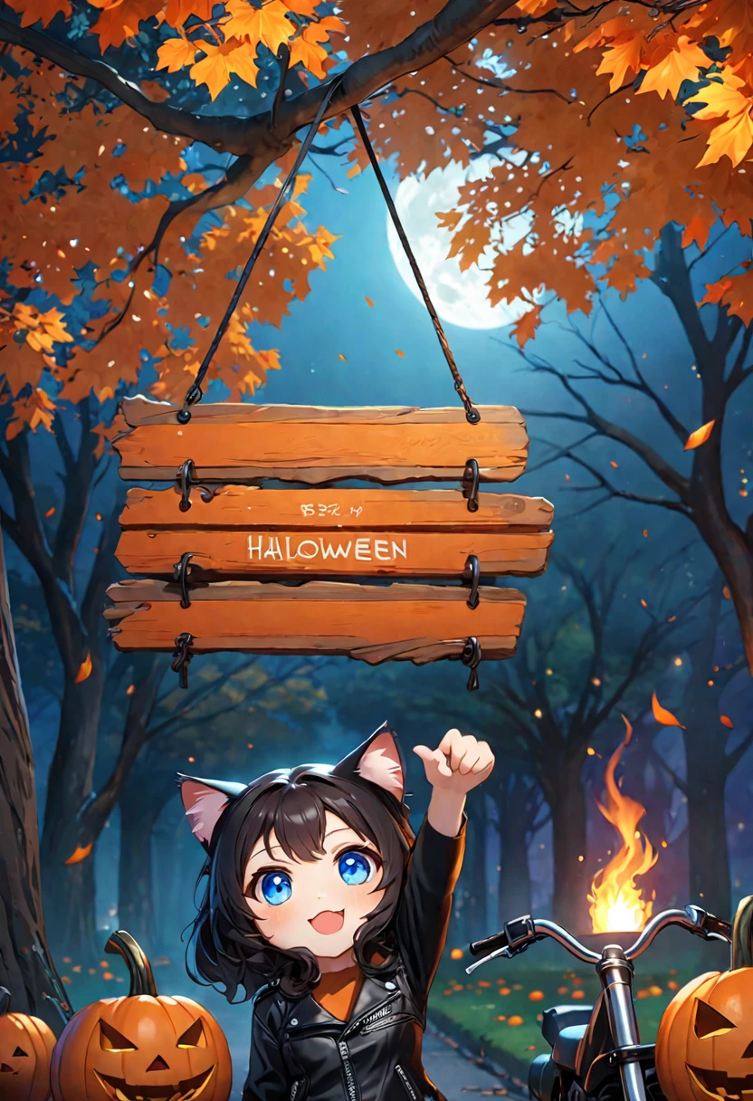 cat girl, chibi, cat girl-байкер, leather jacket, sunglasses on eyes, black hair, blue eyes, reaches for the sign, which hangs on a tree, hanging on the ebony tree, tree without leaves, tree is bent, tree with eyes, Halloween, rendering, anime фоновое искусство, Pixiv competition winner, Anime girl with cat ears cute!! chibi!!! cat girl, милый anime cat girl, with index finger, some, anime cat girl!, cat girl, chimonomics, Run, fluffy furafiniti, masterpiece, top quality, Best quality, official art, beautiful and aesthetically pleasing:1.2), 2d, (Best quality, masterpiece), anime, (very detailed face), (very detailed eyes), background fire motorcycle in a cemetery, тема Halloweenа, pumpkins, perfect lighting, (very detailed biker clothes)