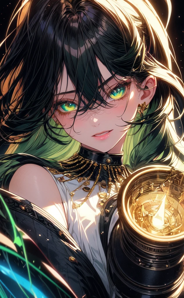(masterpiece, best quality, ultra-detailed, best shadow), (detailed background,dark fantasy), (handsome detailed face), high contrast, (best illumination, an extremely delicate and beautiful), ((cinematic light)), colorful, hyper detail, dramatic light, intricate details, (1girl, solo, black with green hair, sharp face, green eyes, hair between eyes,dynamic angle), blood splatter, swirling black light around the character, depth of field,black light particles,(broken glass),magic circle, beautiful white nsfw dress, 