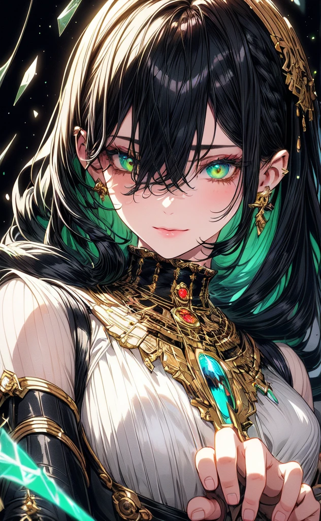 (masterpiece, best quality, ultra-detailed, best shadow), (detailed background,dark fantasy), (handsome detailed face), high contrast, (best illumination, an extremely delicate and beautiful), ((cinematic light)), colorful, hyper detail, dramatic light, intricate details, (1girl, solo, black with green hair, sharp face, green eyes, hair between eyes,dynamic angle), blood splatter, swirling black light around the character, depth of field,black light particles,(broken glass),magic circle, beautiful white nsfw dress,