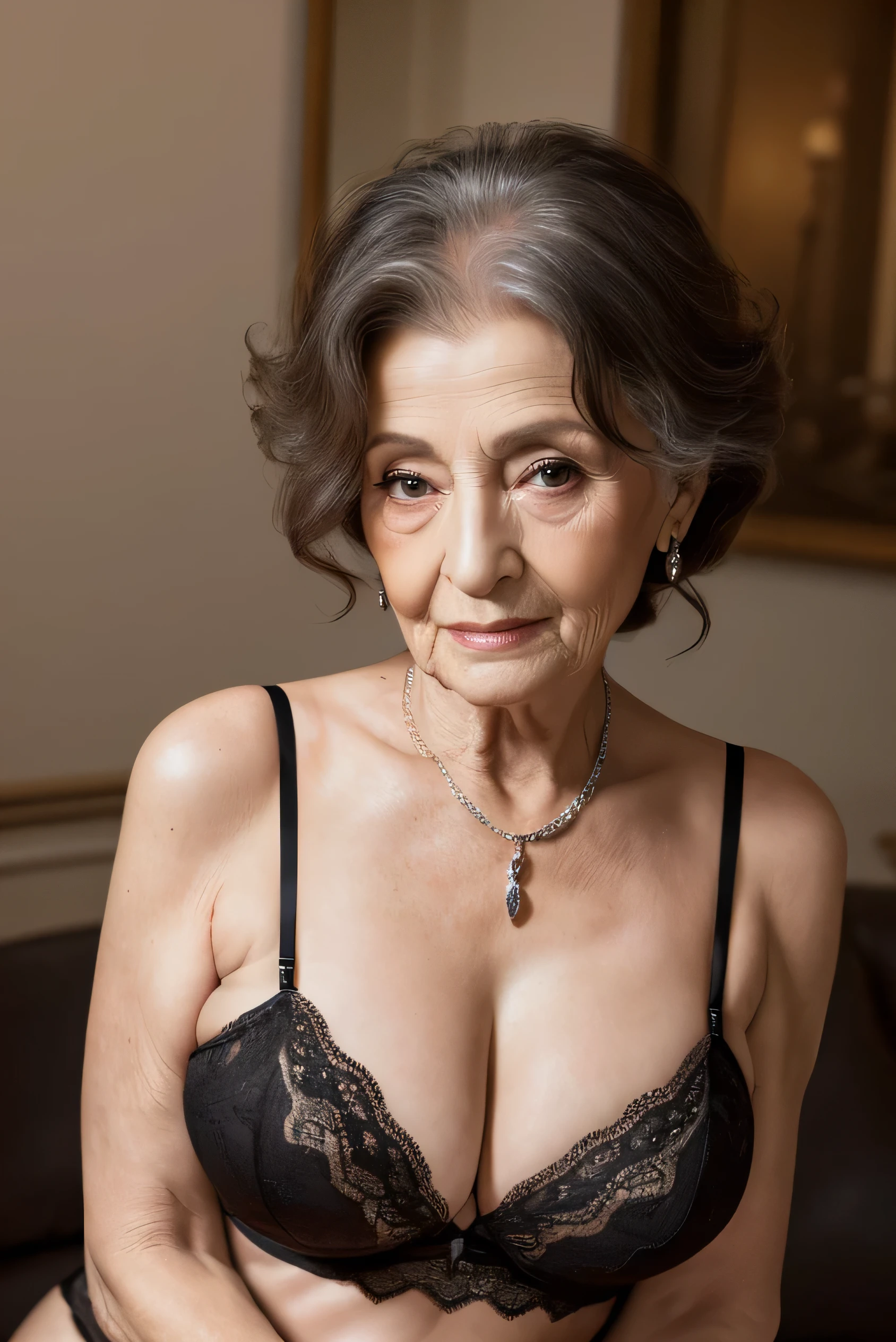 Beautiful elderly woman, cute,sexy,55 years old,,sexy,Wear a pearl necklace, old woman,Big saggy  Breasts, Light blue revealing dress, White embroidered bra, Curly Hair, plain grey background