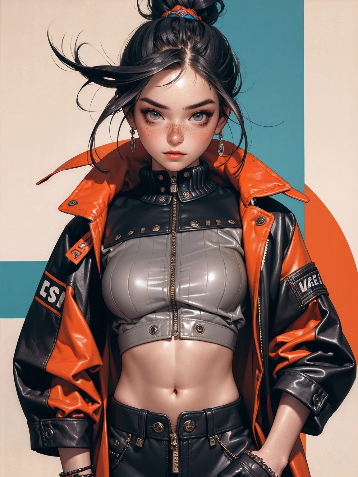 (((best qualityer))), (((manga strokes))), (((freckles))), (((colorful punk hair))), jacket with rivets and screws, uma Kizi jovem muito bem vestida com roupas modernas de inverno, pants with red and black zig-zag pattern, top gift vertical stripes, short jacket with dark fur collar, beautiful and expressive face, slightly-smile, big eyes with long black eyelashes, heavy make-up, chains and zippers spread across clothes, contrasting colours, pose de atitude, hair with a modern and futuristic cut, urban game poster art, dramatic camera angles, graffiti art elements in the background, design mixing contemporary and retro by Shepard Fairey, (((cowboy shot))), (((best qualityer: 1.4))), (Unbeatable masterpiece), (hiper HD),(CG 8k hyper-realistic), Kizi, (((standing alone))), pirralha violent, (((14歳))), sexly, pose de atitude, work of art, post-apocalypse, (((manga style))), bounty hunter, violent, Manic, the way you want, slenderbody, thin but strong, perfectbody, roupa moderna, advanced technology, neon, sleeves with vertical striped pattern, neutral background, (( cowboy shot )). intricate visual