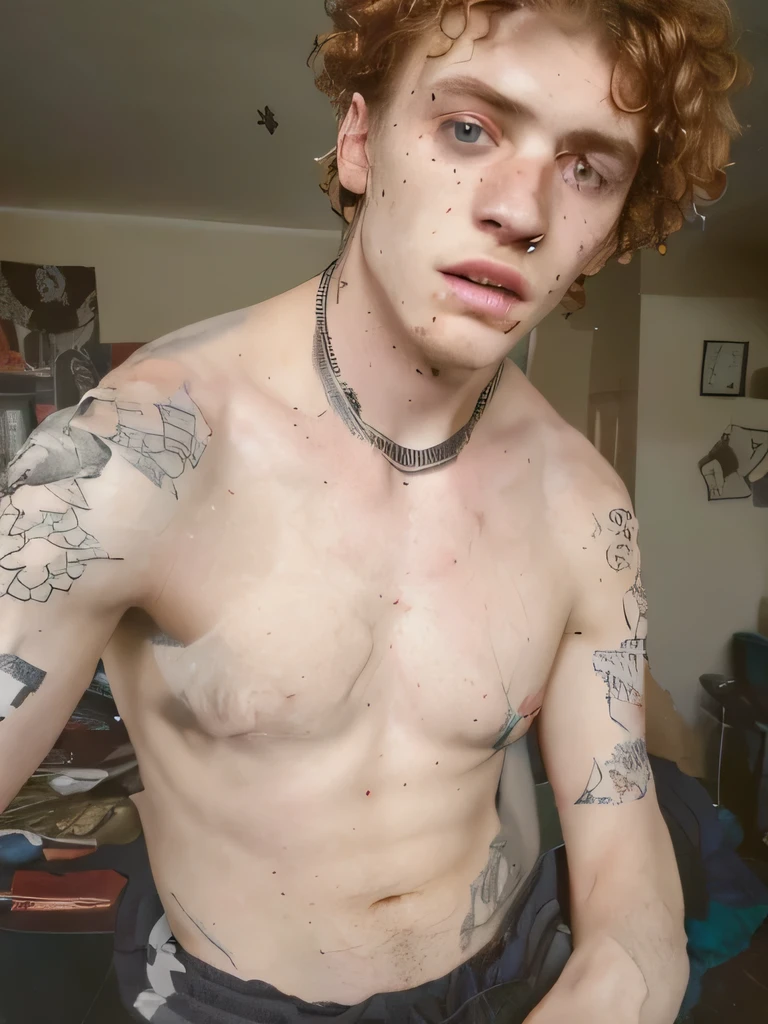 a gaunt emaciated 25 year old man, big ears, addict, English chav, tracksuit pants, curly ginger hair, detailed face, detailed eyes, detailed nose, detailed lips, detailed skin texture, dirty, messy, gritty, (best quality,8k,highres,masterpiece:1.2),ultra-detailed,(realistic,photorealistic,photo-realistic:1.37),cinematic lighting,dramatic lighting,dark moody atmosphere,gritty,grimy,dark colors,muted colors,low key lighting,dramatic shadows