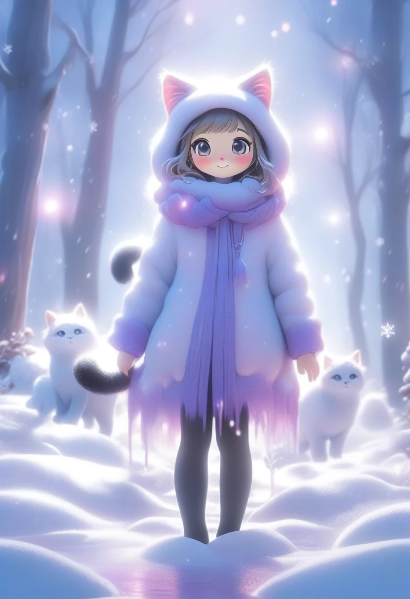 ((Masterpiece)), ((Best Quality)), (Very Detailed), ((Very Detailed)), 4K, (8K), very aesthetic, absurdres highres, 1 girl, (anthropomorphic cat, furry, kemono:1.5), A young, pretty girl stands in the forest on a winter night, surrounded by towering trees in the cold, snow-covered air. She looked surprised as transparent and viscous purple slime fell from her head, covering her in slime. The light from the full moon shines in from behind, and the slime shines as it reflects the light from the snow. There is a cold air and a quiet atmosphere