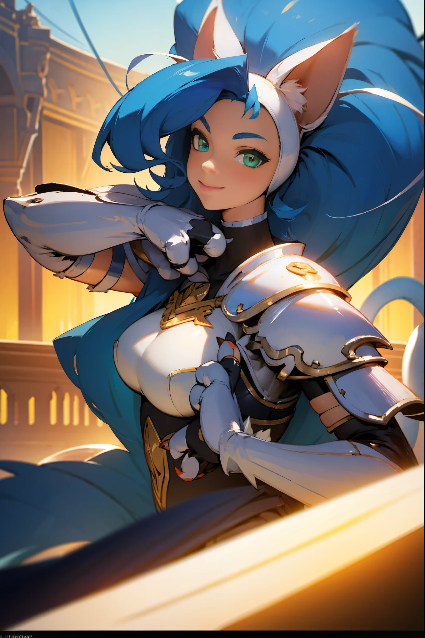 ((Masterpiece, Best Quality)), Felicia, Blue hair, Green eyes, cat eyes, Cat tail, busty, big breasts, big ass, happy, smile, with white plate armor, gauntlets, lewd, in a fantasy city, illustration, ultra-detailed 8K, realistic, clear focus, highly detailed, professional lighting, colorful details, colors BREAK,