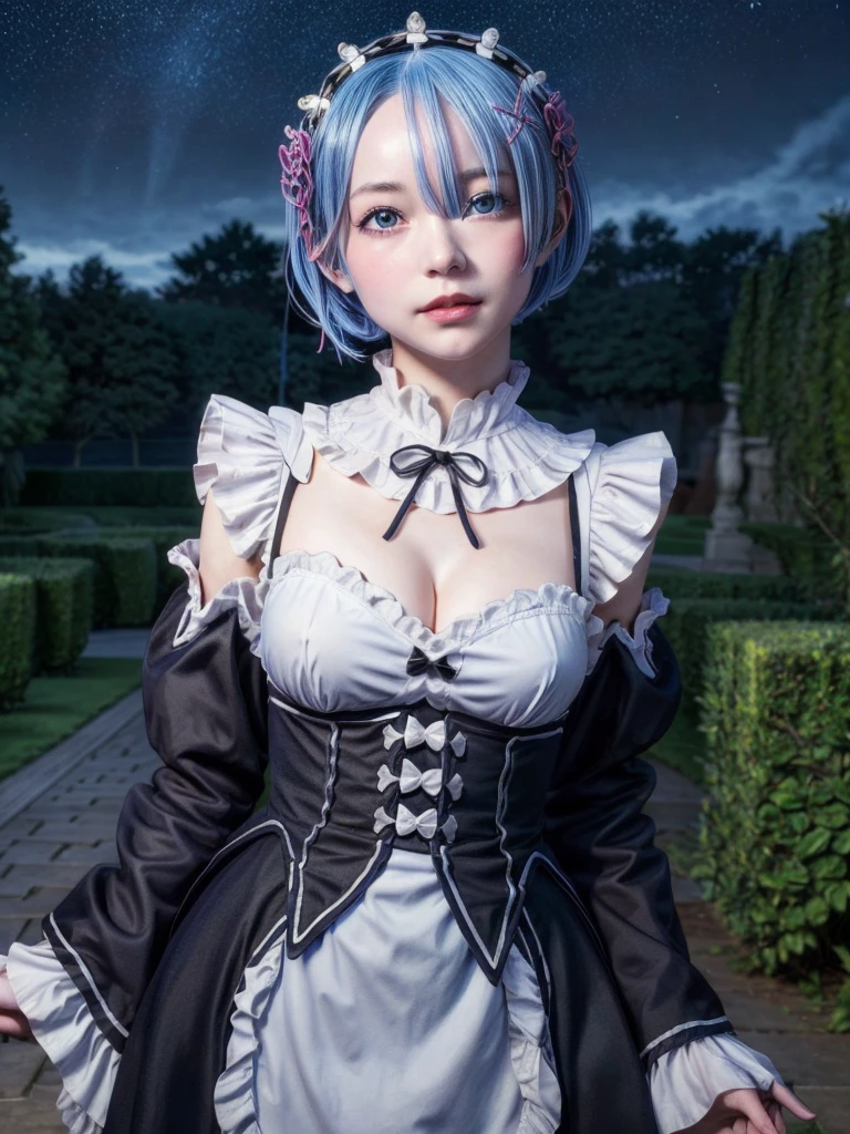 masterpiece, best quality, ultra-detailed, illustration, epic lighting, cinematic composition, colorful, sidelighting, lustrous skin, realistic, 3d face, (finely detailed beautiful eyes: 1.2), 1girl, rem_\(re:zero\),cute, medium breasts, blue hair, short hair, (hair over one eye:1.3), eyes_visible_through_hair, blue eyes, roswaal_mansion_maid_uniform, (head tilt:1.2), standing, close-up, fantasy, summer, night sky, stars, nebula, blue flowers, garden, blue roses, moonlight, peaceful, serenity, (8k:1.1),