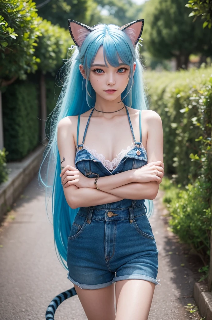 (((1 snake ))), ((Cat's ears)) standing alone, (((long neon blue hair blown by the wind))), blue colored eyes, cropped and 小柄 kawaii denim jumpsuit, spaghetti strap, 小柄, lace, Look to viewer, luxurious, chic, extremely detaild, pink lips, smiling, shy, feminine charm, Blurry, Beautiful sky, Trees, Garden, borboleta, pretty flowers, Depth of field, shy pose
