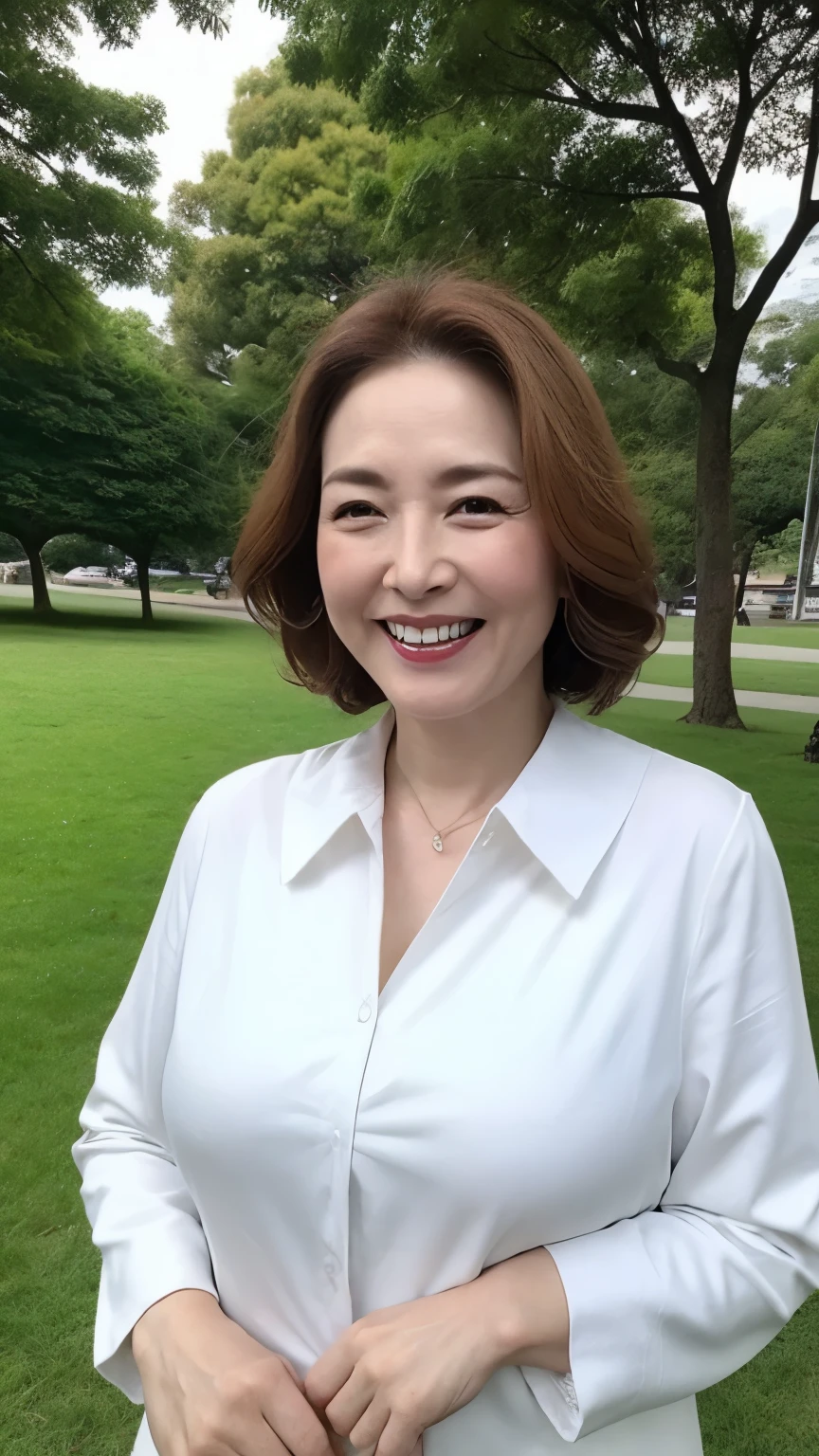 Standing in the park, Wrinkles around the eyes, Smiling with teeth showing, Plain short-sleeved clothing, senior citizen, Draw lips correctly, Red lipstick, No discomfort, 16K, Highest quality, Very detailed, Realistic, Very detailed肌, (Japanese), (alone), 60 years old, Large Breasts, , Glamour, sexy, Chromo White Skin, Staring straight ahead,