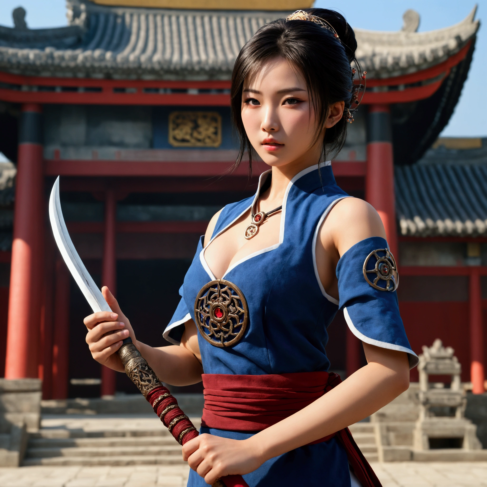Best quality,masterpiece,ultra high res,(photorealistic:1.4),xiuxian,weapon,Detailed face,, 1girl,solo,weapon,cleavage,(magic circle:1.2),xiuxian,upper body,Beautiful girl,full body,east asian architecture,sheath,architecture,