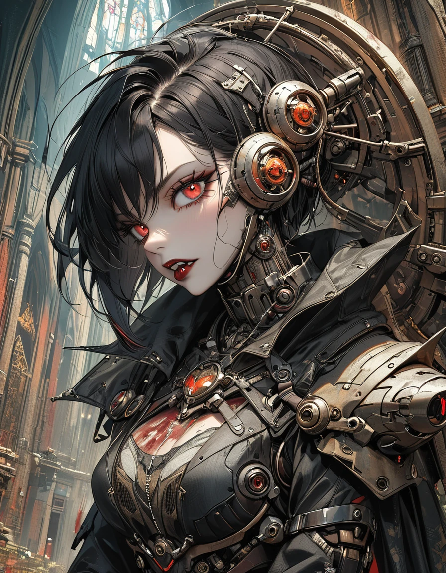 a portrait of mecha female vampire in a dark gothic cyberpunk church, an exotic exquisite beautiful mecha female vampire, dynamic hair color, short hair, dynamic eyes color, intense eyes, (vampire fangs),  glowing eyes, dynamic eyes color, wearing intricate mech armor, delicate mech armor, delicate blood veins in the armor, wearing thigh high heeled boots, dark gothic cyberpunk church background, vibrant, Ultra-high resolution, High Contrast, (masterpiece:1.5), highest quality, Best aesthetics), best details, best quality, highres, 16k, (ultra detailed: 1.5), masterpiece, best quality, (extremely detailed) RAW, (ultra details, Masterpiece, best quality), Cinematic Hollywood Film, Intense gaze, cg_darkscifi