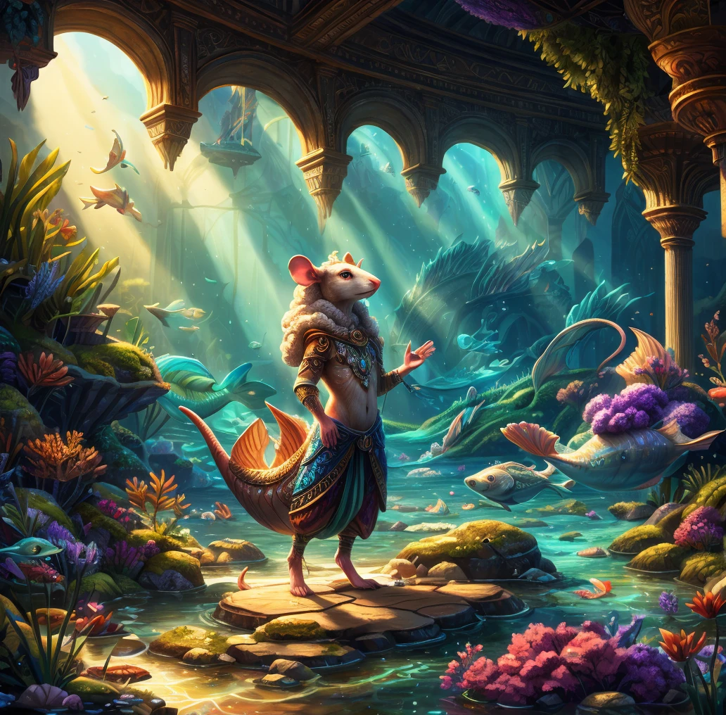 young woman, blue eyes, small breast, misty god-rays, scar, long hair, garden, cape, water, reflections, teal and orange, full body, blue creature, bubbles, looking down, side view, <lora:WarcraftXL:0.8>, BREAK score_9, score_8_up, score_7_up, score_6_up, score_5_up, score_4_up