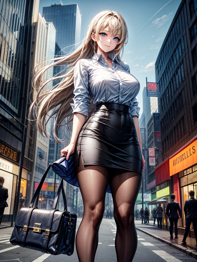 ((High resolution)), ((Lighting and color)), ((masterpiece)), ((Blue eyes)), Young woman with blue eyes., Straight blonde hair, The wind blew it away and it got a little messy., Standing lightly on a bustling city street. She wears a loose-fitting white business shirt that accentuates her natural elegance.。.., Pair with a black tight skirt for a business look。.. have a business bag。.. She is in a delicate pose, A cute, loving smile, tilt your body slightly. Modern skyscrapers are mixed in the background.., Quaint café, Bustling pedestrians. The soft sunlight gently illuminates your face.., In the hustle and bustle of the city、Give off a warm glow、Emphasize your presence。."