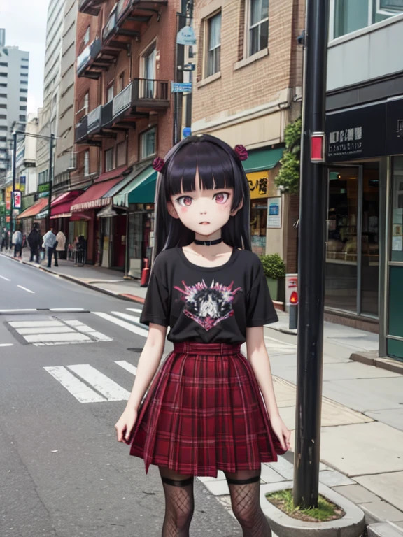 (ruri gokou), girl, alone, Hime cut, Red eyes, middle ages, punk, Punk Fashion, (Red Check Skirt), Fishnet tights, black t-shirts, choker, Black eyeshadow, Black Lips, masterpiece, Urban Scene、Background of the cityscape、Graffiti wall
