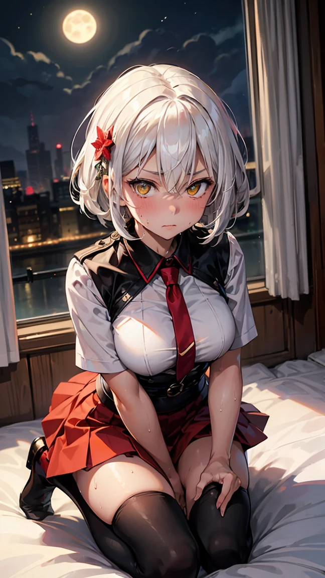 Young girl 18 years old, Short milky white hair, hair flower, bangs between eyes, yellow eyes, cold look and evil expression. White school top, red skirt, black thigh high socks. slim but well proportioned body, medium breasts. On your knees on the bed, kneeling. point of view from above, far view. in a Japanese room, at night, with full moon in the background, light reflecting on the sexy and sweaty body. (((sweat)))