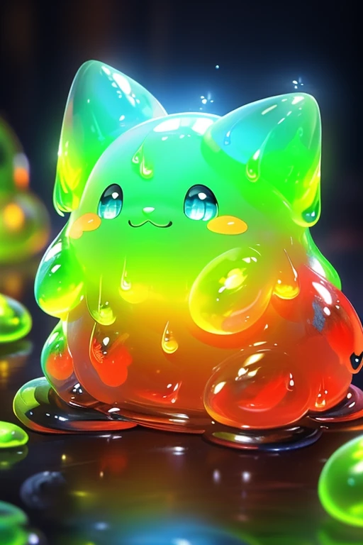 (Highest quality、masterpiece、8k))、Very detailed、High resolution、((Beautiful and shining eyes))、((Lots of different colored slimes))、Japanese kitten slime、Round kitten slime、Five very cute kitten slimes、1 blue slime、1 red slime、1 yellow slime、1 green slime、One black slime、cat ears are cute
